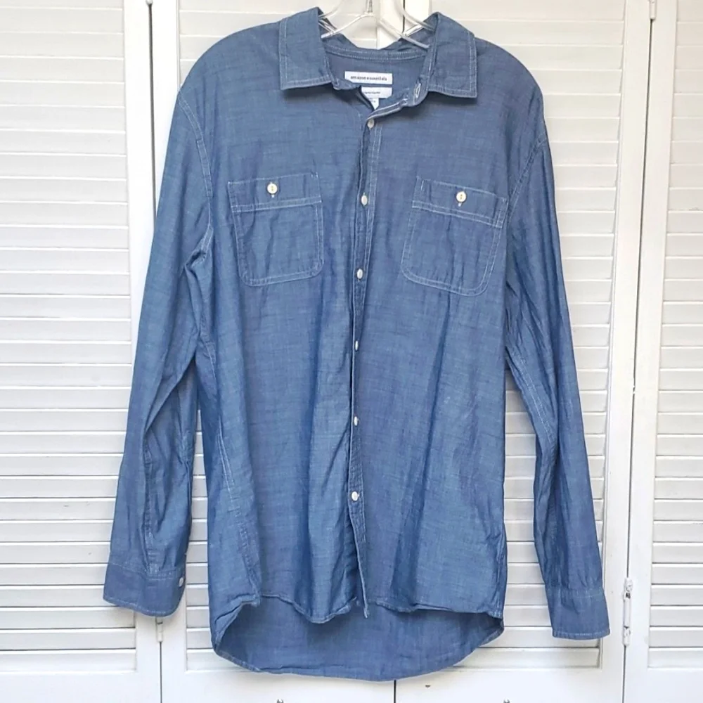Amazon Essentials Mens Long Sleeve Chambray Button Down Shirt Size L Reg…